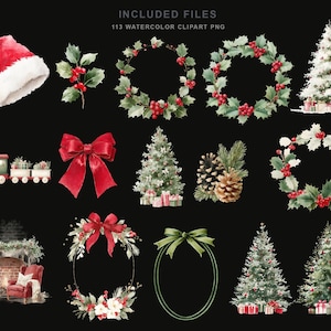 May include: A collection of 113 watercolor Christmas clipart PNG files featuring a Santa hat, holly sprigs, wreaths, decorated Christmas trees with gifts, a toy train, red and green bows, pinecones, and a fireplace scene with a red armchair.