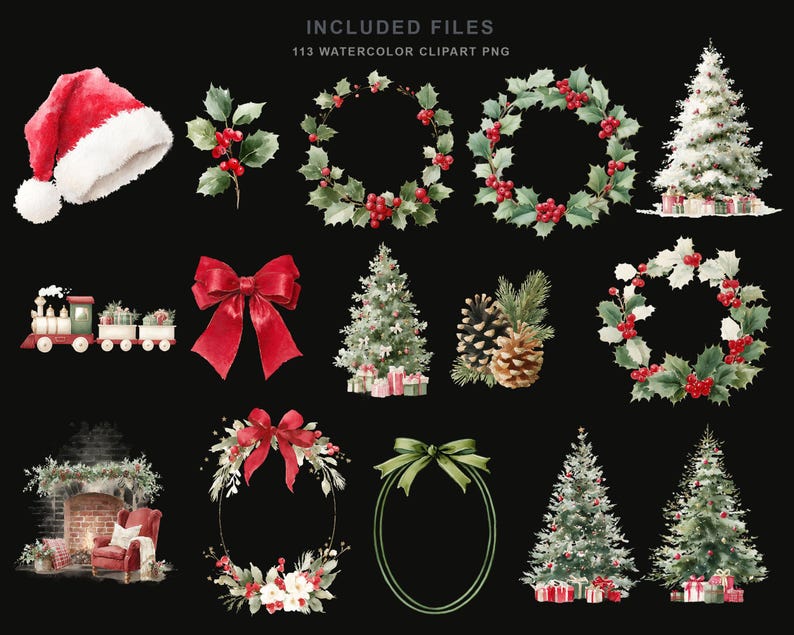 May include: A collection of 113 watercolor Christmas clipart PNG files featuring a Santa hat, holly sprigs, wreaths, decorated Christmas trees with gifts, a toy train, red and green bows, pinecones, and a fireplace scene with a red armchair.