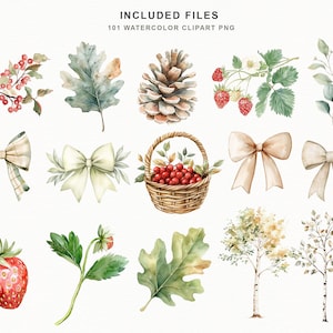 Op de afbeelding: Watercolor clipart set met diverse botanische elementen. Inclusief rode bessen, groene bladeren, een dennenappel, aardbeien, strikken en een mandje met bessen. De tekst "INCLUDED FILES 101 WATERCOLOR CLIPART PNG" staat bovenaan.