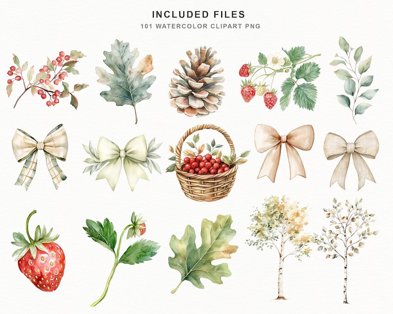 Op de afbeelding: Watercolor clipart set met diverse botanische elementen. Inclusief rode bessen, groene bladeren, een dennenappel, aardbeien, strikken en een mandje met bessen. De tekst "INCLUDED FILES 101 WATERCOLOR CLIPART PNG" staat bovenaan.