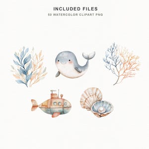 Soft watercolor ocean baby clipart bundle featuring cute sea animals, sea turtles, sharks, whales, dolphins, narwhals, octopus, crab, clownfish, seahorse, starfish, shells, coral, bubbles, seaweed, treasure chests, and nautical nursery elements in pastel blue and coastal tones.
