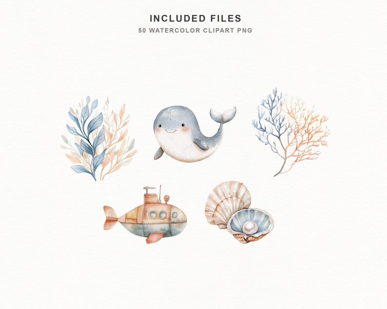 Soft watercolor ocean baby clipart bundle featuring cute sea animals, sea turtles, sharks, whales, dolphins, narwhals, octopus, crab, clownfish, seahorse, starfish, shells, coral, bubbles, seaweed, treasure chests, and nautical nursery elements in pastel blue and coastal tones.