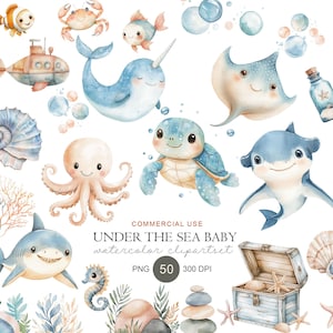 Op de afbeelding: Waterverf clipart set met verschillende zeedieren, waaronder een lachende haai, dolfijn en schildpad. Andere elementen zijn een onderzee&euml;r, een schatkist en bellen. De tekst "UNDER THE SEA BABY" is ook aanwezig.