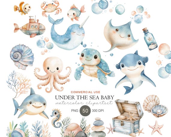 Watercolor Ocean Baby Clipart, Sea Animals PNG, Nautical Nursery Art (Digital Download)