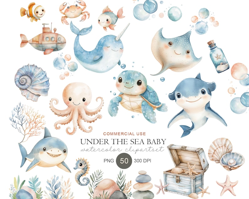 Op de afbeelding: Waterverf clipart set met verschillende zeedieren, waaronder een lachende haai, dolfijn en schildpad. Andere elementen zijn een onderzee&euml;r, een schatkist en bellen. De tekst "UNDER THE SEA BABY" is ook aanwezig.