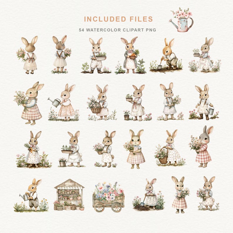 Watercolor Garden Bunny Clipart, Spring Cottagecore Elements, Floral ...