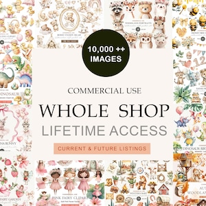 Puede incluir: Una colección digital de más de 10,000 imágenes prediseñadas en acuarela con varios temas que incluyen animales del bosque, dinosaurios, abejas, hadas y criaturas de safari, con el texto Commercial Use Whole Shop Lifetime Access.