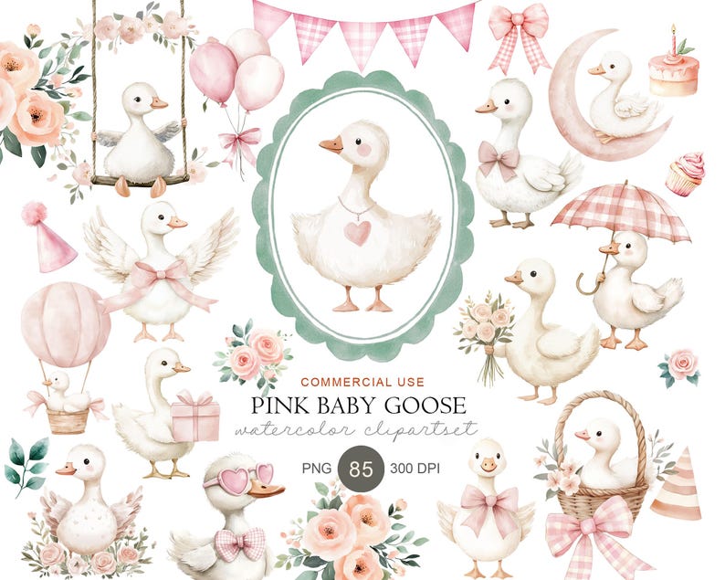 Romantic baby goose nursery clipart collection in soft blush and cream watercolor style