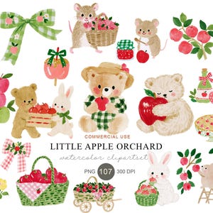 Aquarel clipart van een kleine appelboomgaard, dieren die appels plukken (PNG), schattig konijntje, beertje en muisje, herfstoogst en boomgaardelementen