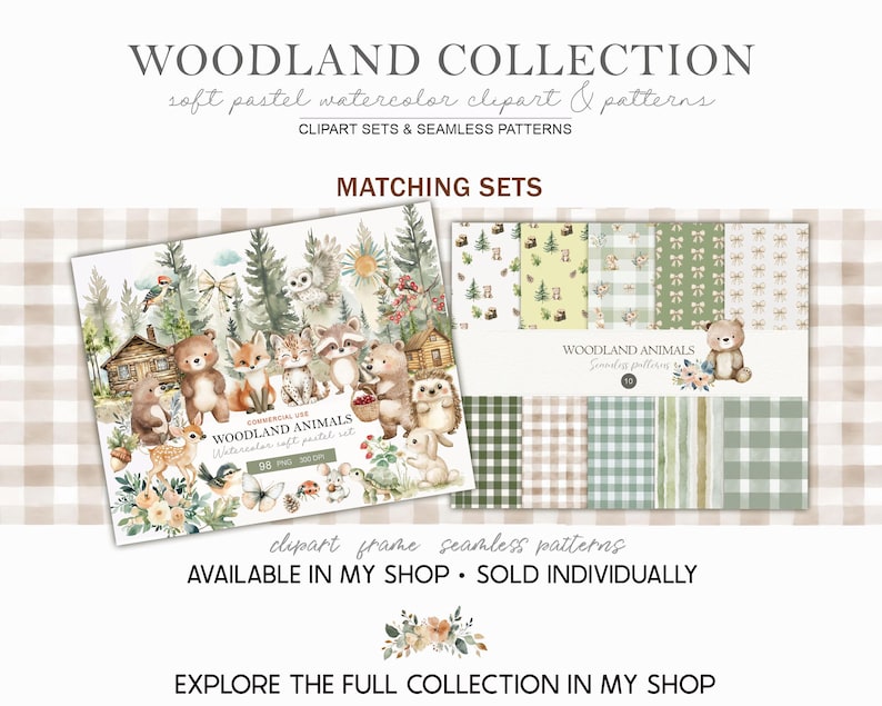 Op de afbeelding: Een afbeelding met een boscollectie van zachte pastel aquarel clipart en patronen. De afbeelding bevat illustraties van bosdieren en bijpassende naadloze patronen in groen- en bruintinten. Tekst op de afbeelding luidt "WOODLAND COLLECTION".