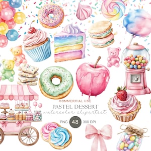 Puede incluir: Ilustración en acuarela de varios postres en tonos pastel, incluyendo donuts, cupcakes y macarons. La imagen presenta un carrito de postres rosa y una máquina de chicles. El texto en la imagen dice "PASTEL DESSERT watercolor cliparts".