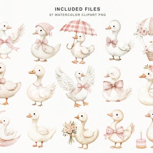 Watercolor goose baby shower bundle with roses, bows, banners, cakes, and elegant frames