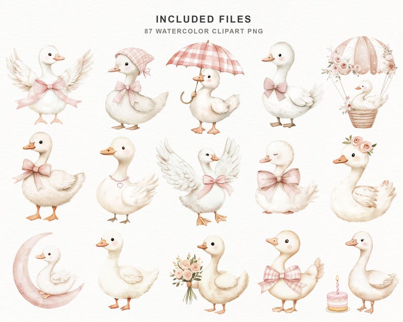 Watercolor goose baby shower bundle with roses, bows, banners, cakes, and elegant frames