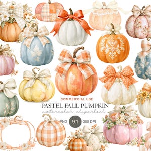 May include: A collection of watercolor illustrations featuring various pumpkins in pastel and orange tones, decorated with bows, flowers, and patterns. The text reads COMMERCIAL USE PASTEL FALL PUMPKIN watercolor clipartset PNG 91 300 DPI.
