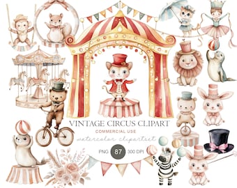 May include: A collection of watercolor circus-themed illustrations featuring animals like a monkey, squirrel, lion, seal, bear, zebra, and rabbit, alongside a carousel, a circus tent, and top hats, with text reading VINTAGE CIRCUS CLIPART.