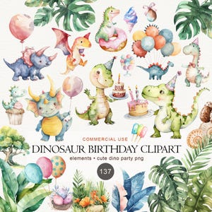 Op de afbeelding: Waterverf dinosaurus verjaardag clipart met verschillende dinosaurussen met feesthoeden, ballonnen en verjaardagstaarten. De afbeelding bevat de tekst "DINOSAUR BIRTHDAY CLIPART" en "cute dino party png". Het kleurenpalet omvat tinten groen, blauw, geel en roze.