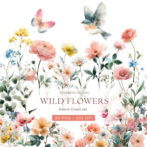 May include: Watercolor illustration of wildflowers, a butterfly, and a bird. The image features a variety of flowers in shades of pink, yellow, and orange, with green foliage. The text "WILD FLOWERS" and "Nature Clipart set" is included.
