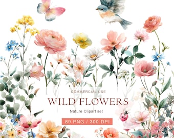 Aquarel wilde bloemen clipart | Cottagecore-png-set met bloemen