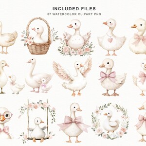 Cute baby goose PNG collection with floral arrangements, ribbons, dresses, gifts, and umbrellas