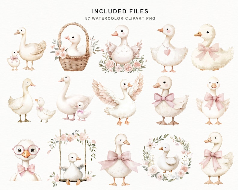 Cute baby goose PNG collection with floral arrangements, ribbons, dresses, gifts, and umbrellas