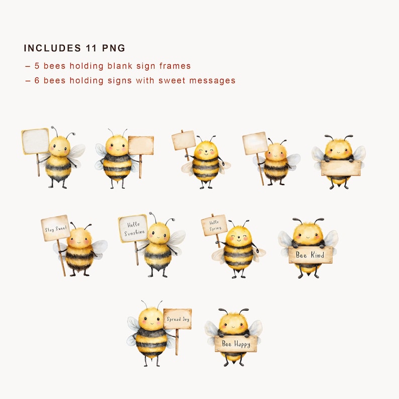 Watercolor Bee Clipart | Bumblebee Holding Sign PNG (instant Download ...