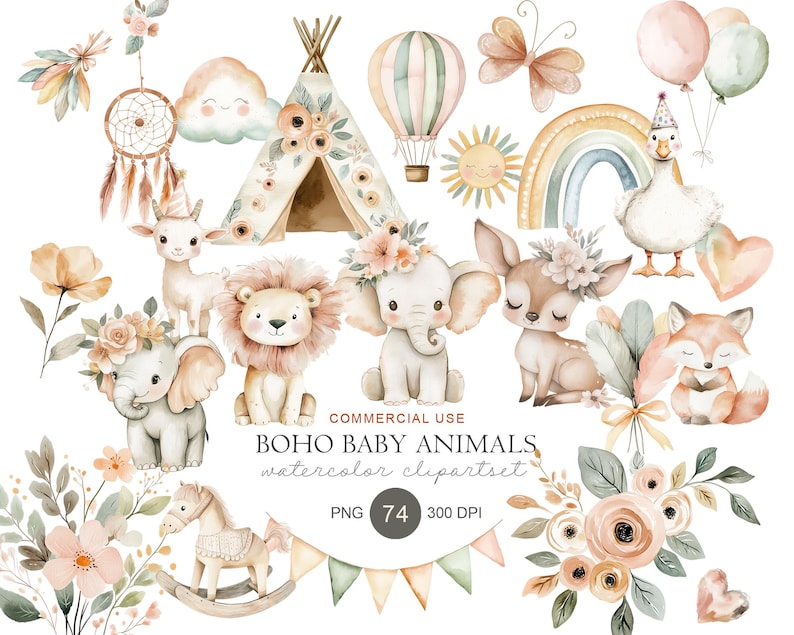 Boho Baby Animals Watercolor Clipart Set, Nursery Woodland Creatures ...