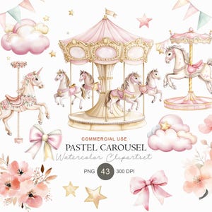 Peut inclure: Ensemble de cliparts aquarelle avec un carrousel pastel avec des chevaux, une licorne, des nœuds, des ballons, des nuages, des étoiles et des fleurs. Le carrousel est rose et doré, avec une bannière en arrière-plan. Le texte "PASTEL CAROUSEL" est visible.
