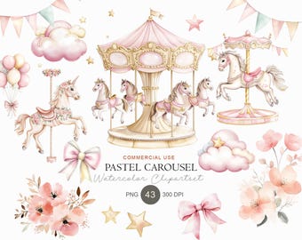Imágenes prediseñadas de carrusel en tonos pastel, caballos caprichosos, baby shower PNG (300 DPI)