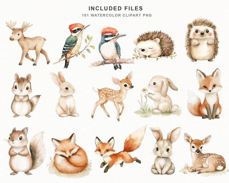 Op de afbeelding: Watercolor clipart set met verschillende bosdieren, waaronder een hert, spechten, een egel, een eekhoorn, een konijn, een hertje en een vos. De afbeelding bevat de tekst "INCLUDED FILES 101 WATERCOLOR CLIPART PNG".