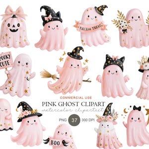 Pinkfarbene Aquarell-Geister-Cliparts, Pastell-Halloween-Grafiken, Hexenkürbis-Elemente (Digitaler Download)