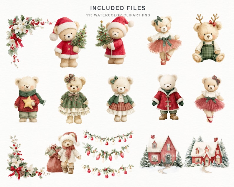May include: A collection of watercolor clipart featuring teddy bears in holiday attire, Christmas houses, floral corner arrangements, and festive garlands. The text INCLUDED FILES 113 WATERCOLOR CLIPART PNG is displayed at the top of the image.