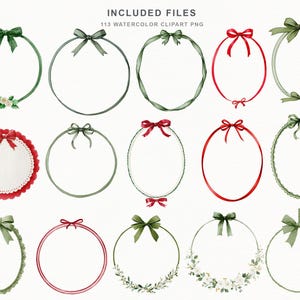 May include: A collection of 113 watercolor clipart PNG files featuring various circular and oval frames decorated with red and green ribbons, bows, and floral accents. The text INCLUDED FILES 113 WATERCOLOR CLIPART PNG is visible at the top.
