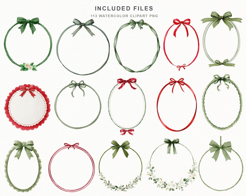 May include: A collection of 113 watercolor clipart PNG files featuring various circular and oval frames decorated with red and green ribbons, bows, and floral accents. The text INCLUDED FILES 113 WATERCOLOR CLIPART PNG is visible at the top.