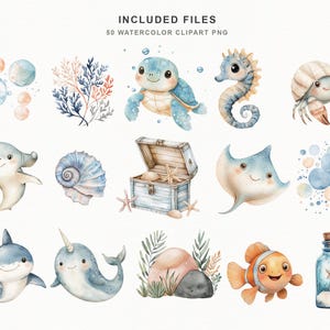 Soft watercolor ocean baby clipart bundle featuring cute sea animals, sea turtles, sharks, whales, dolphins, narwhals, octopus, crab, clownfish, seahorse, starfish, shells, coral, bubbles, seaweed, treasure chests, and nautical nursery elements in pastel blue and coastal tones.