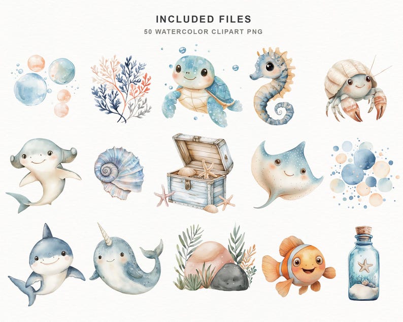 Soft watercolor ocean baby clipart bundle featuring cute sea animals, sea turtles, sharks, whales, dolphins, narwhals, octopus, crab, clownfish, seahorse, starfish, shells, coral, bubbles, seaweed, treasure chests, and nautical nursery elements in pastel blue and coastal tones.