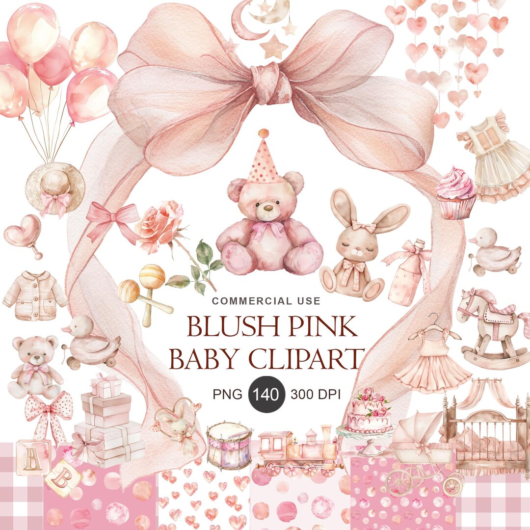 Blush Pink Baby Clipart Bundle, Baby Shower Watercolor PNG, Teddy Bear ...