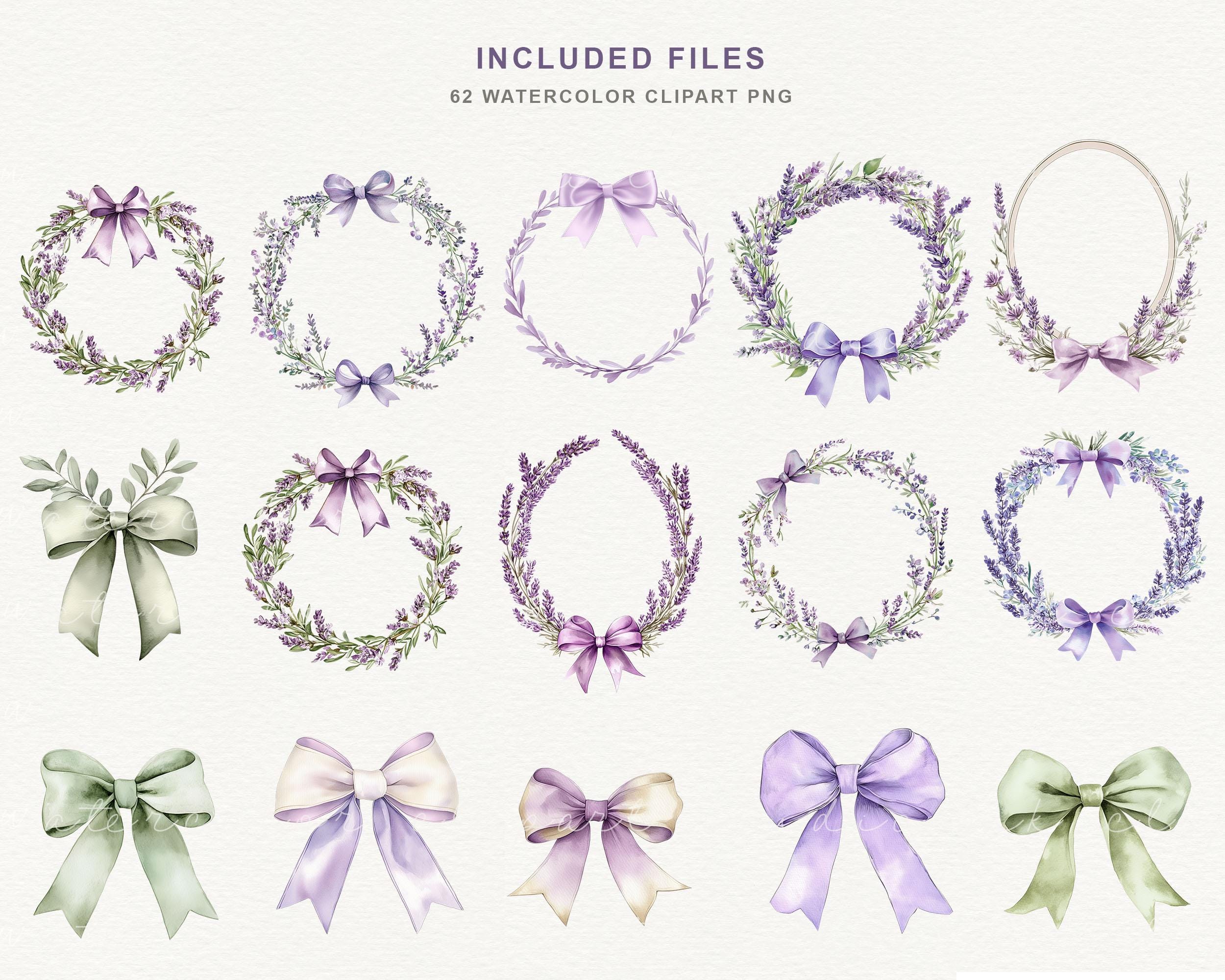 Watercolor Lavender Floral Clipart Set, Purple Bouquet Wreath, Bows (60 ...
