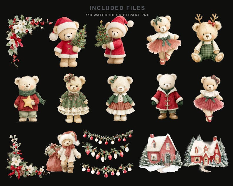 May include: A collection of watercolor clipart featuring teddy bears in Christmas attire, floral corner arrangements, string lights, and snow-covered houses. The text INCLUDED FILES 113 WATERCOLOR CLIPART PNG is displayed at the top center.