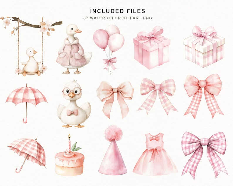 Romantic baby goose nursery clipart collection in soft blush and cream watercolor style