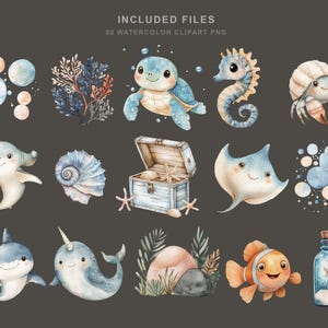 Soft watercolor ocean baby clipart bundle featuring cute sea animals, sea turtles, sharks, whales, dolphins, narwhals, octopus, crab, clownfish, seahorse, starfish, shells, coral, bubbles, seaweed, treasure chests, and nautical nursery elements in pastel blue and coastal tones.