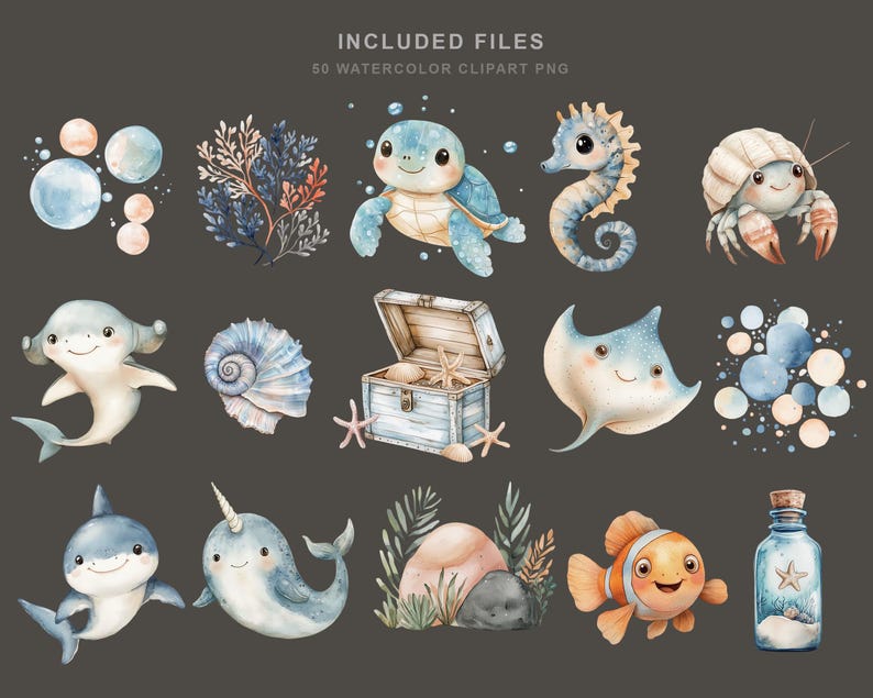 Soft watercolor ocean baby clipart bundle featuring cute sea animals, sea turtles, sharks, whales, dolphins, narwhals, octopus, crab, clownfish, seahorse, starfish, shells, coral, bubbles, seaweed, treasure chests, and nautical nursery elements in pastel blue and coastal tones.