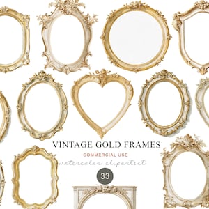 May include: A collection of twelve ornate gold frames in various shapes including oval, heart, and rectangular designs. The text VINTAGE GOLD FRAMES COMMERCIAL USE watercolor clipartset 33 is centered among the frames on a white background.