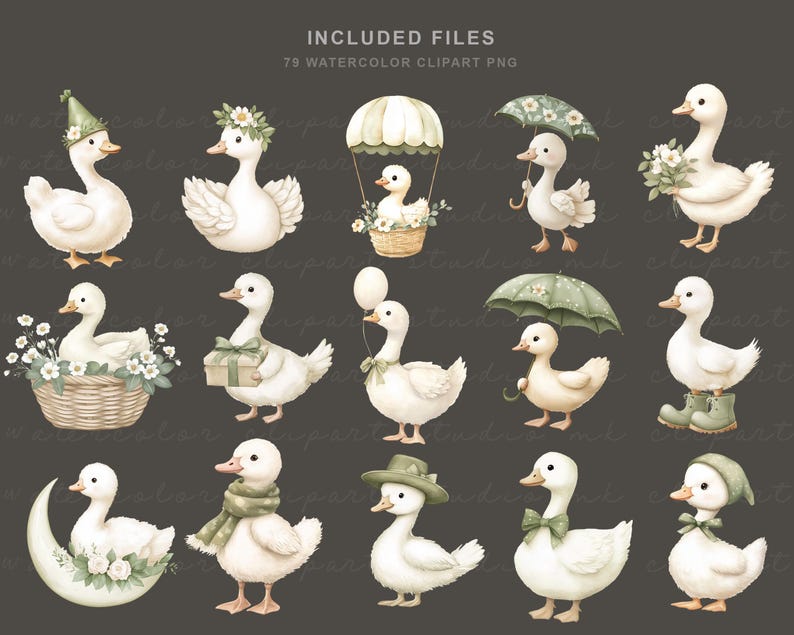 Puede incluir: Conjunto de im&aacute;genes predise&ntilde;adas de acuarela con varias ilustraciones de patos blancos. Los patos se representan con accesorios como sombreros, paraguas y arreglos florales. El texto "INCLUDED FILES 79 WATERCOLOR CLIPART PNG" est&aacute; en la parte superior.