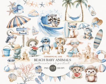 Beach Baby Animals Watercolor Clipart Set, Coastal Nursery Graphics (Digital Download)