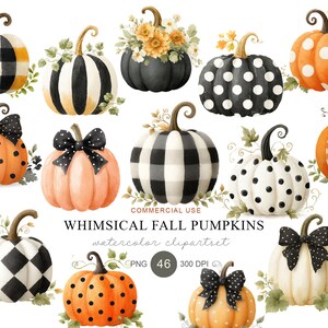 Puede incluir: Una colección de ilustraciones en acuarela que muestran varias calabazas con patrones que incluyen cuadros negros y blancos, lunares y colores naranja sólido. Algunas calabazas están adornadas con lazos negros o detalles florales. El texto dice: WHIMSICAL FALL PUMPKINS.