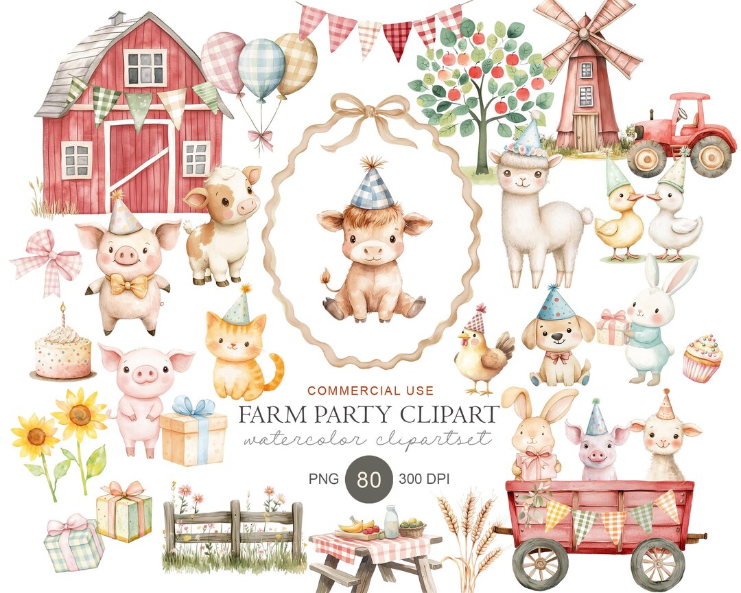 Watercolor Farm Party Clipart, Pastel Barnyard Animals, Birthday Baby ...