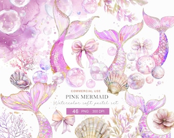 Pastel Mermaid Clipart, Watercolor Tails, Ocean Elements (Digital Download)