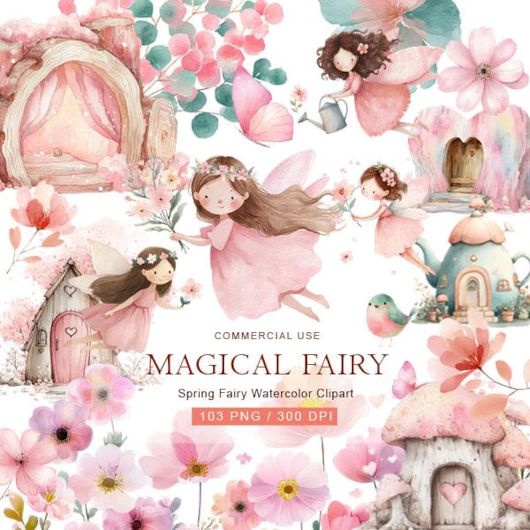 Pastel Fairy Clipart Bundle | Watercolor Fairies, Flowers, Houses (PNG ...