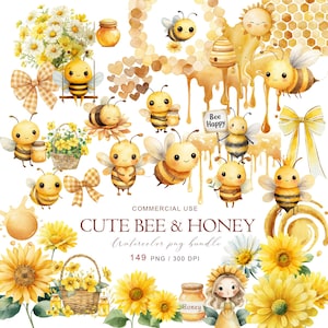 Clipart de acuarela de abeja y miel / Girasol, panal (PNG)