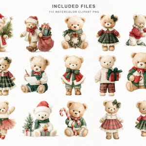 May include: A collection of 113 watercolor clipart PNG files featuring teddy bears in various Christmas-themed outfits and poses, including bears with Santa hats, presents, wreaths, and holiday clothing. The text INCLUDED FILES 113 WATERCOLOR CLIPART PNG appears at the top.